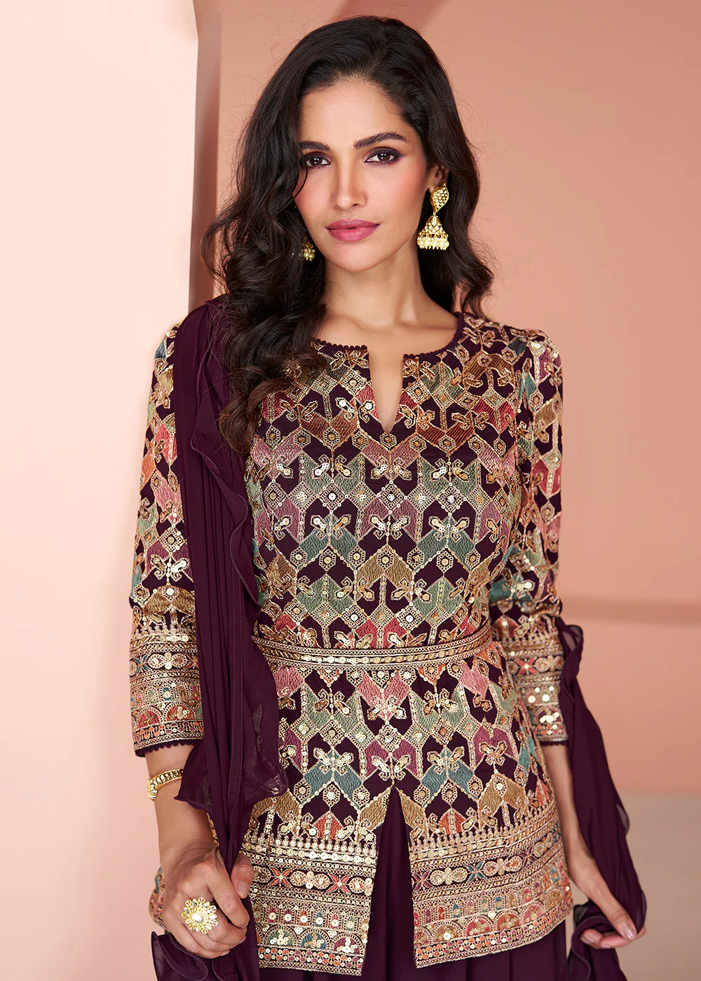 Multi Wine Embroidered Georgette Indo Wester Palazzo Suit - Image 2
