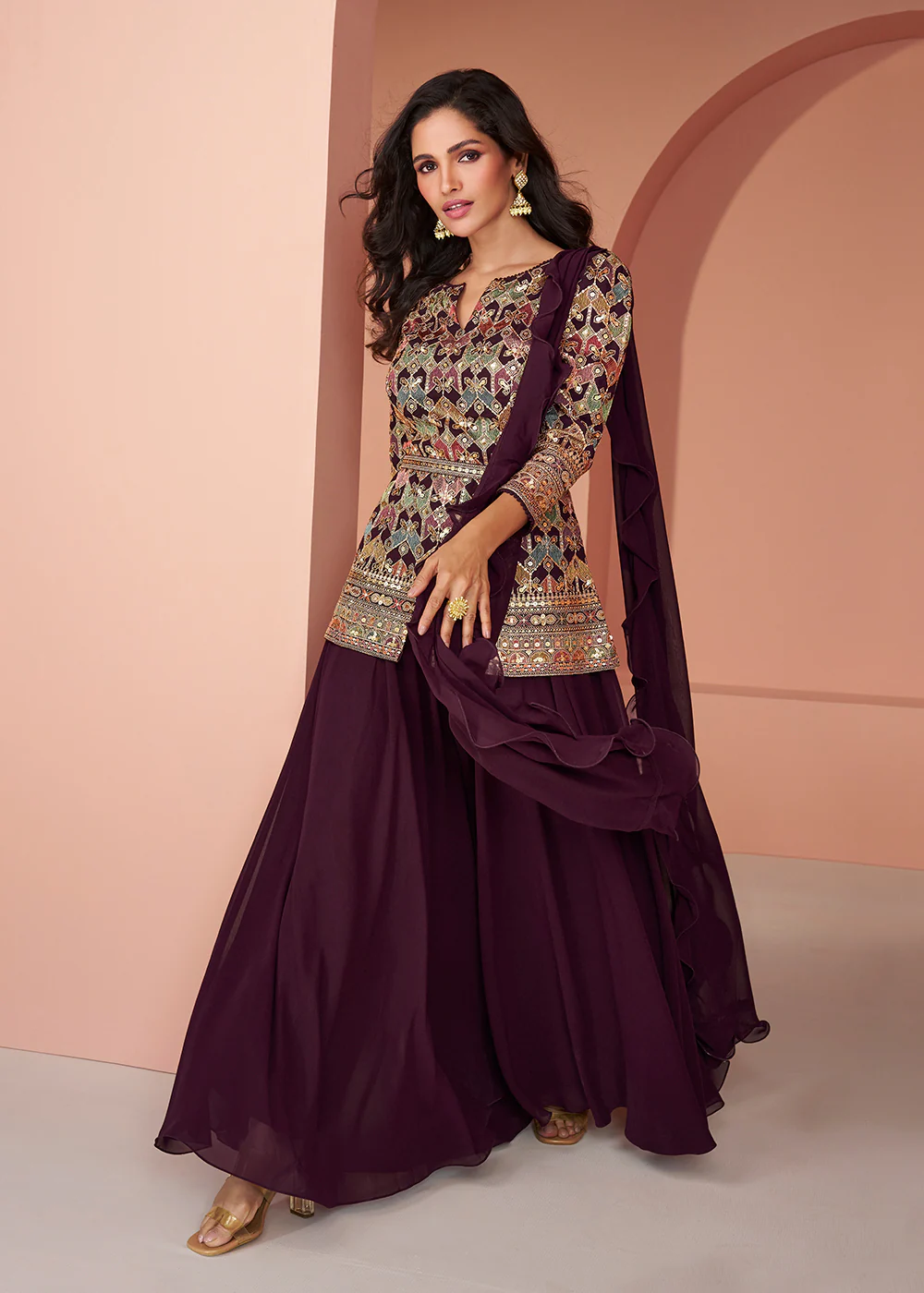 Multi Wine Embroidered Georgette Indo Wester Palazzo Suit - Image 3