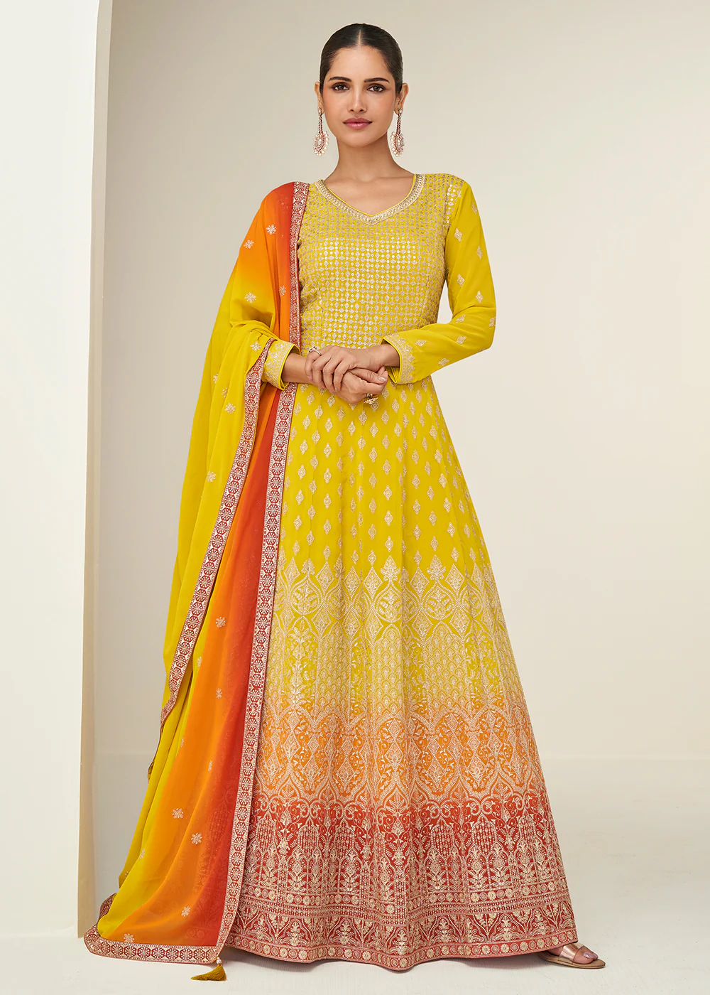 Multi Yellow Embroidered Elegant Wedding Anarkali Suit