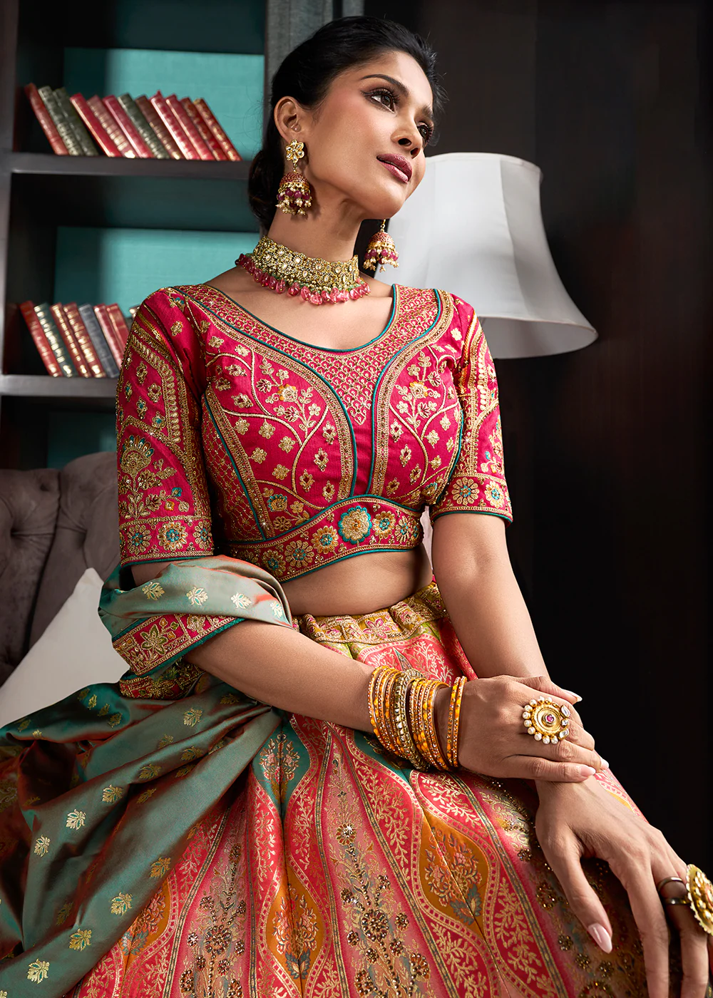 Multicolor Banarasi Silk Embroidered Bridal Lehenga Choli - Image 2