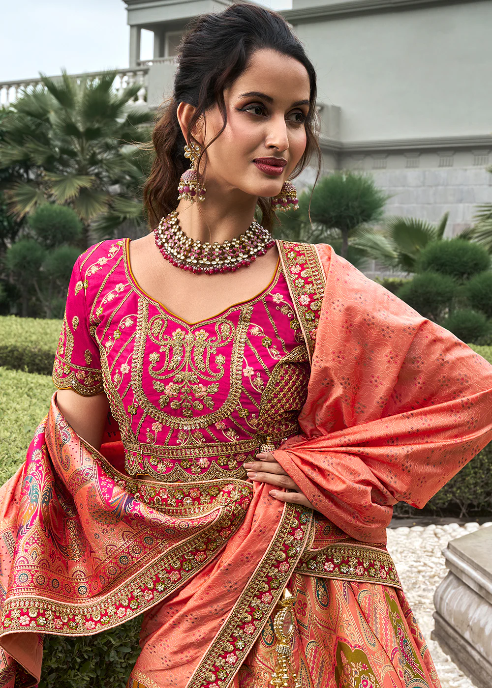 Pink Multicolor Banarasi Silk Embroidered Bridal Lehenga Choli - Image 2