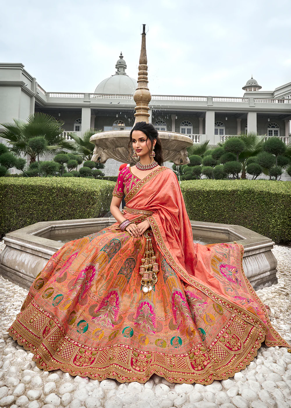 Pink Multicolor Banarasi Silk Embroidered Bridal Lehenga Choli - Image 4