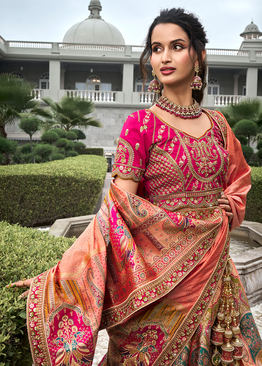 Pink Multicolor Banarasi Silk Embroidered Bridal Lehenga Choli - Image 5