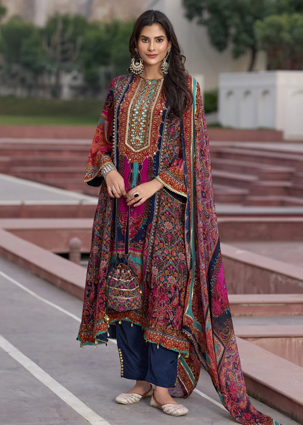 Multicolor Blue Embroidered & Digital Printed Salwar Kameez