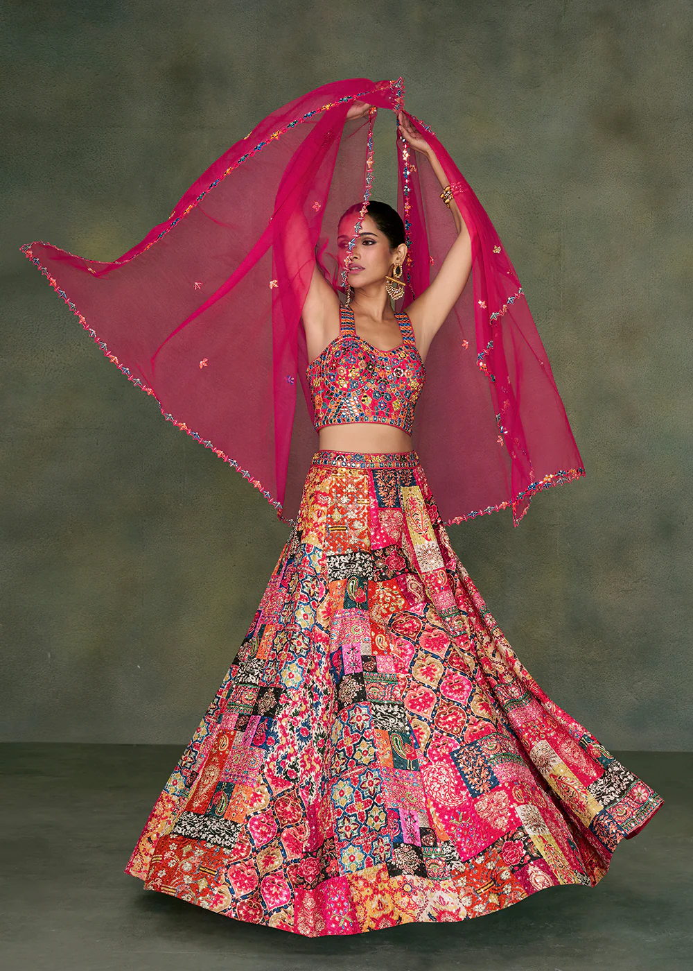 Multicolor Crop Top Style Pure Silk Wedding Lehenga Choli - Image 3