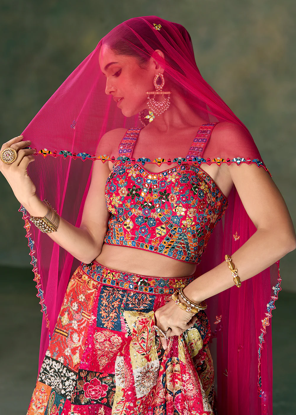 Multicolor Crop Top Style Pure Silk Wedding Lehenga Choli - Image 4