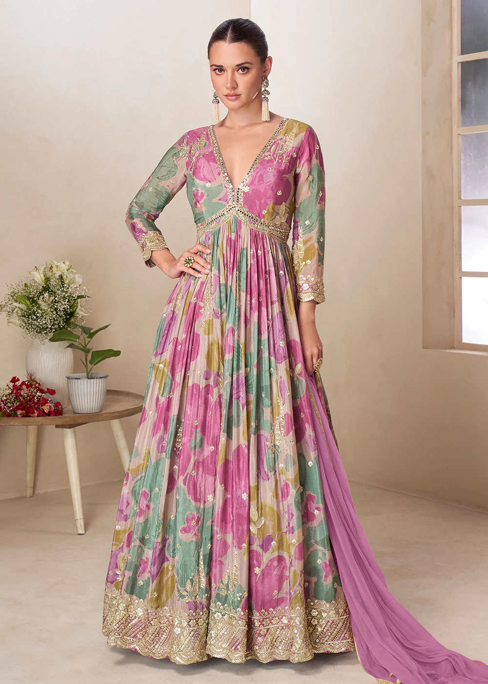 Multicolor Floral Digital Printed Festive Anarkali Gown