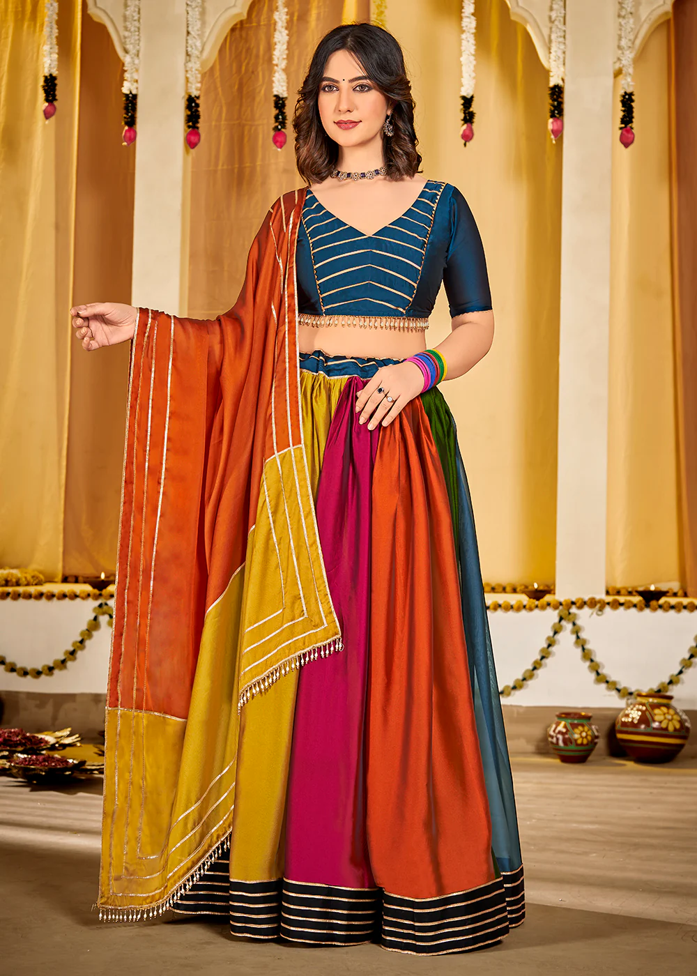 Multicolor Gamthi Work Silk Navratri Special Chaniya Choli
