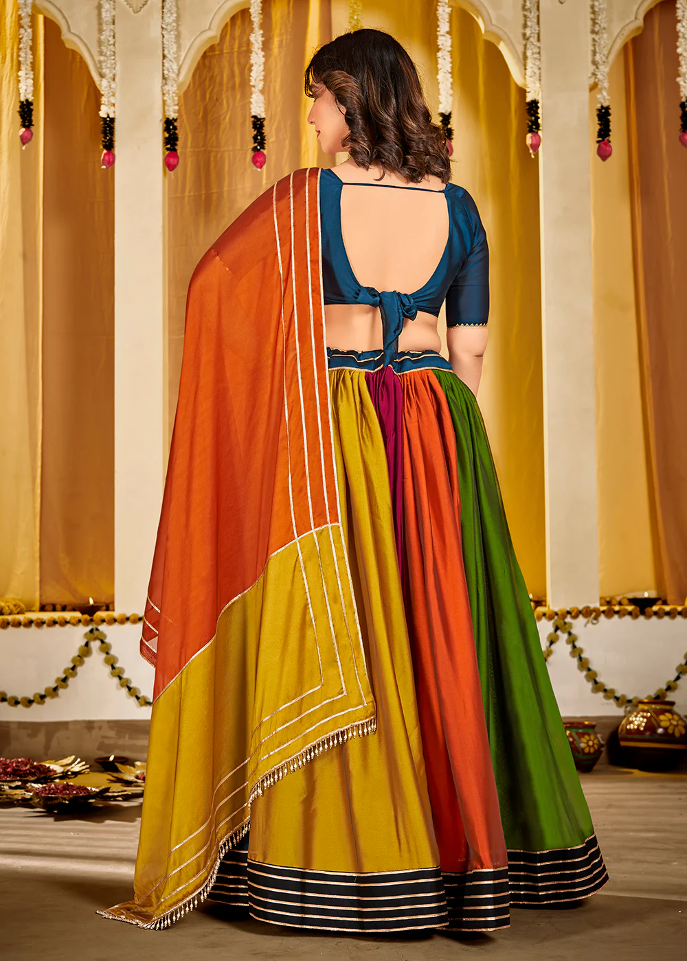 Multicolor Gamthi Work Silk Navratri Special Chaniya Choli - Image 3