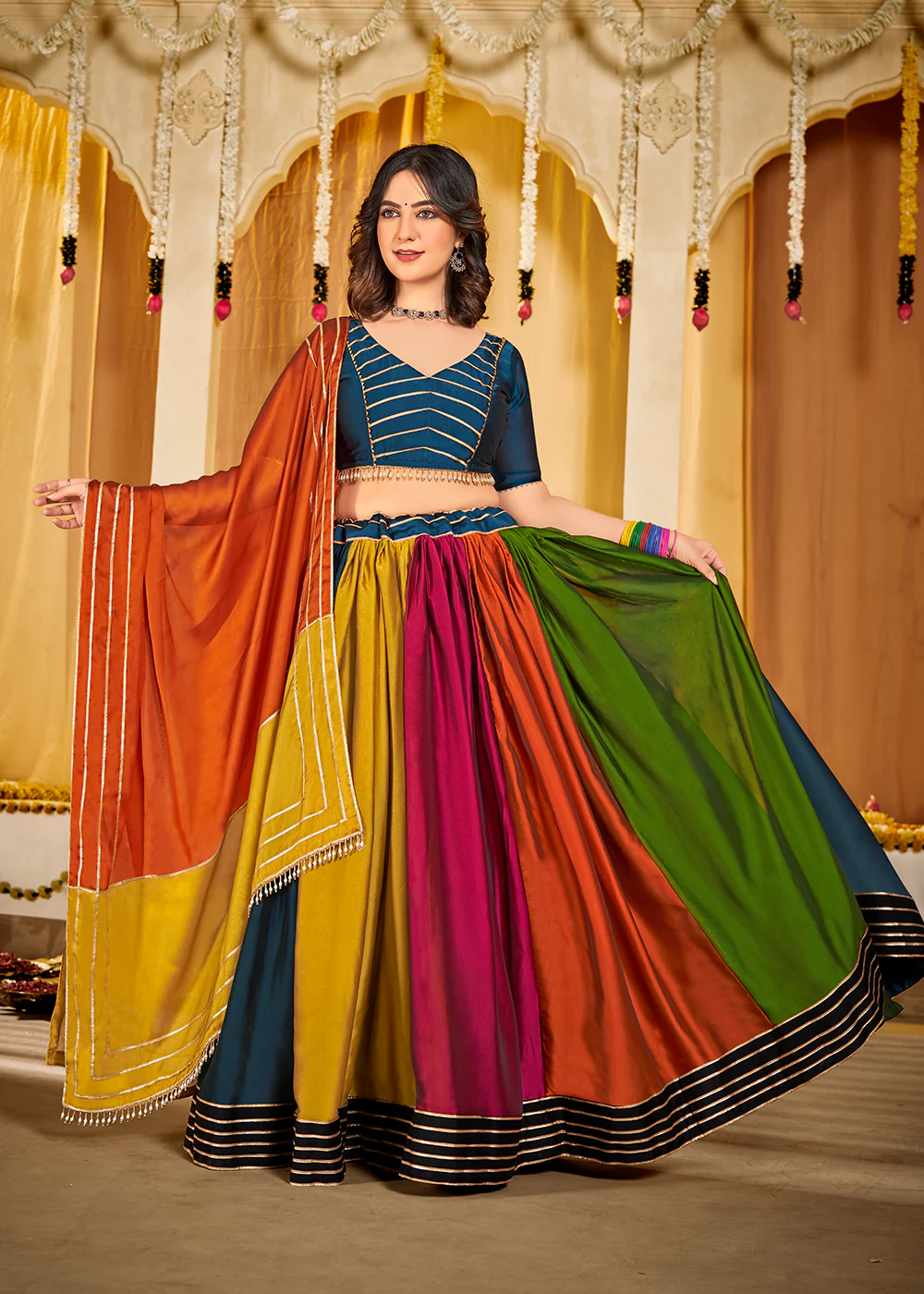 Multicolor Gamthi Work Silk Navratri Special Chaniya Choli - Image 4