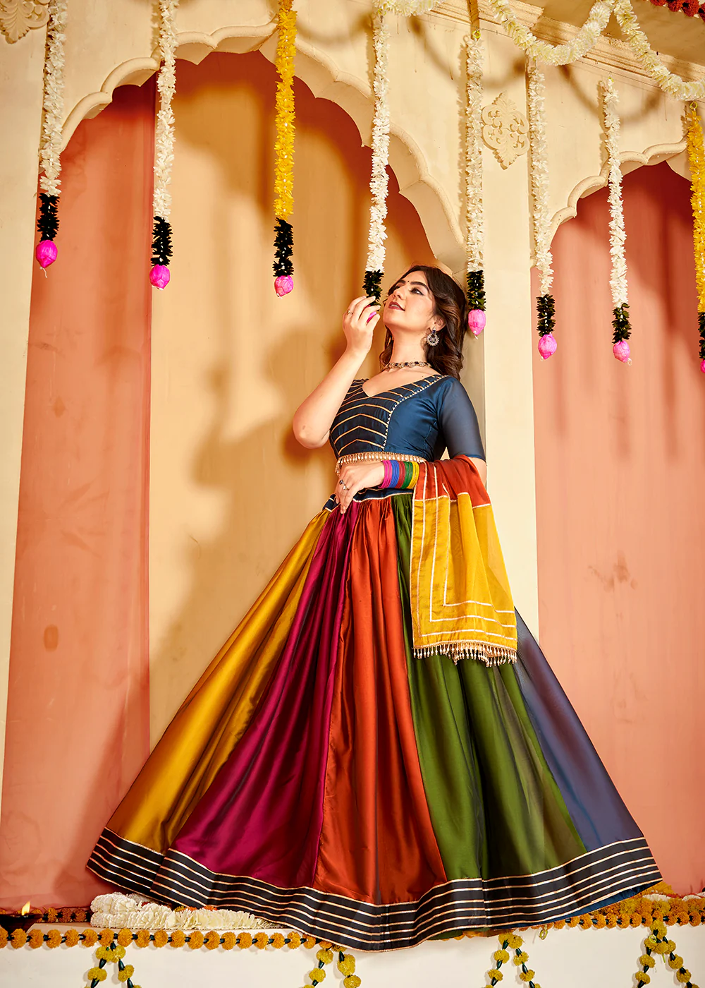 Multicolor Gamthi Work Silk Navratri Special Chaniya Choli - Image 5