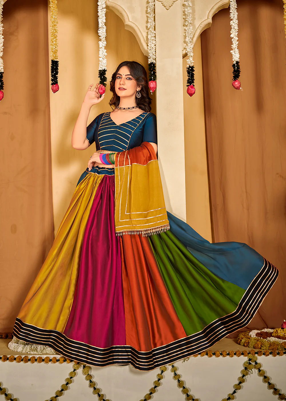 Multicolor Gamthi Work Silk Navratri Special Chaniya Choli - Image 6