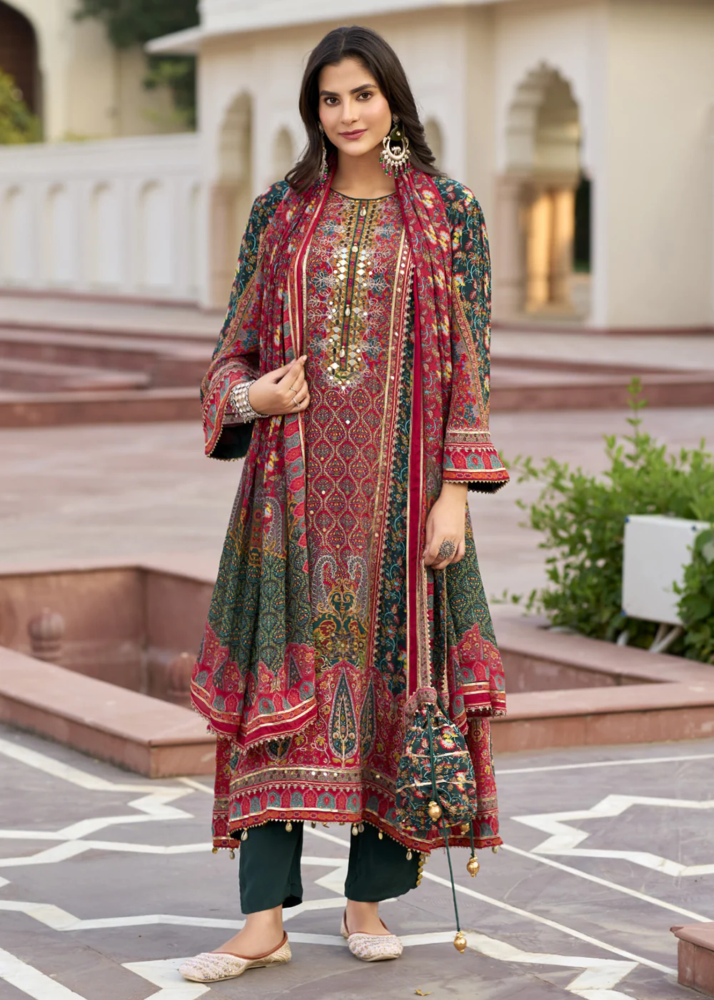 Multicolor Green Embroidered & Digital Printed Salwar Kameez