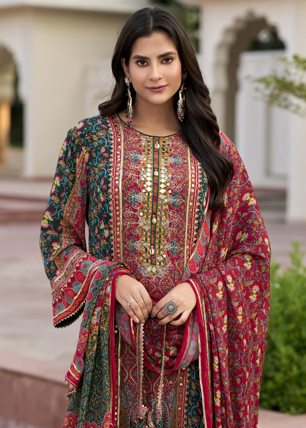 Multicolor Green Embroidered & Digital Printed Salwar Kameez - Image 2