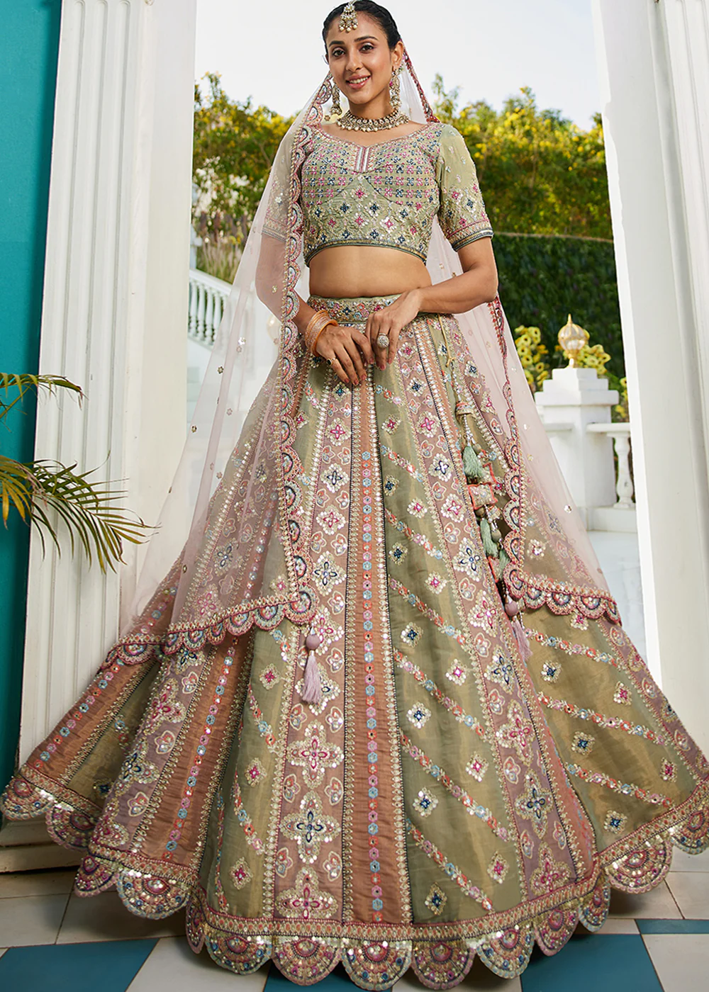 Multicolor Green Gotapatti Embroidered Bridal Lehenga Choli
