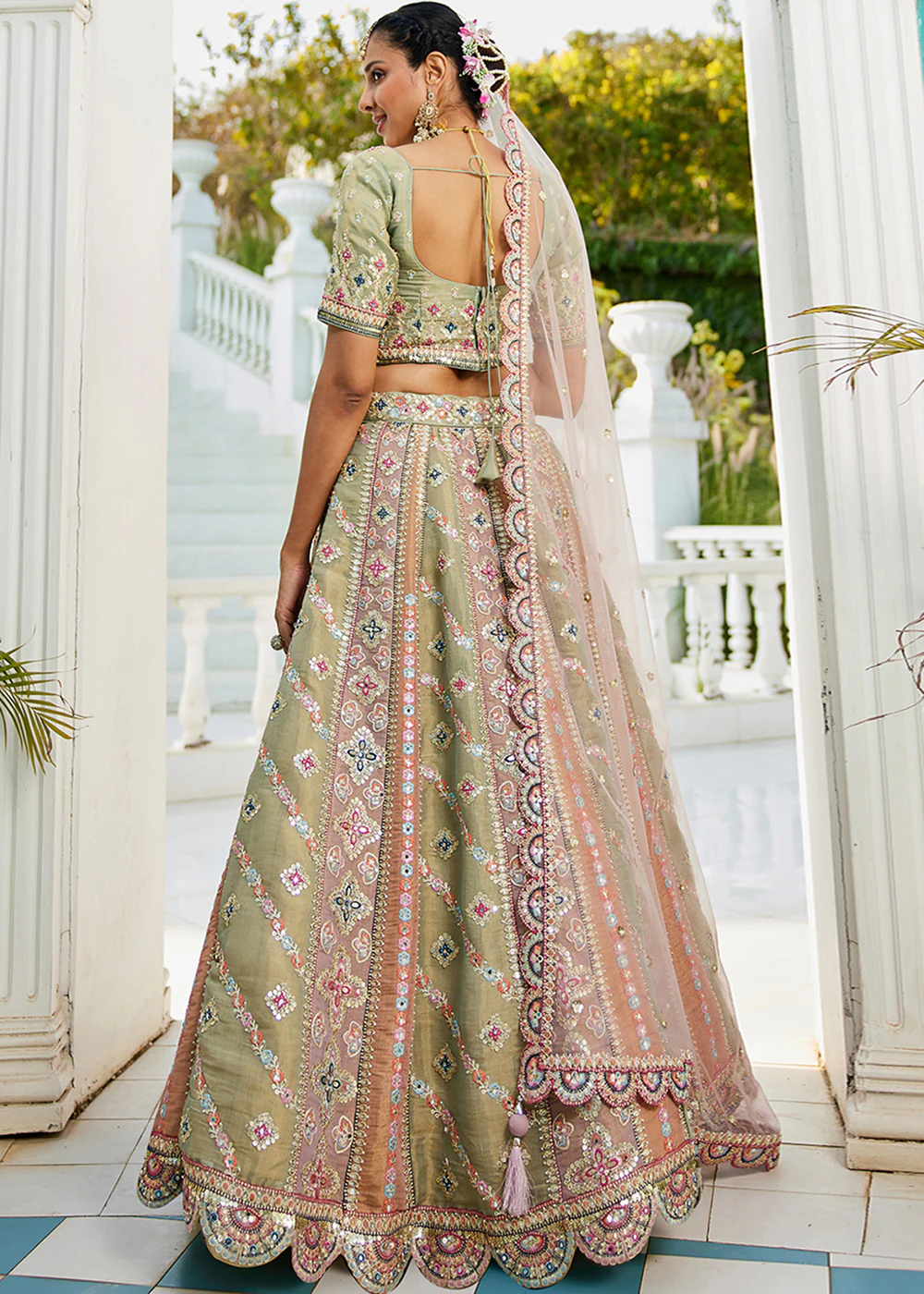 Multicolor Green Gotapatti Embroidered Bridal Lehenga Choli - Image 3