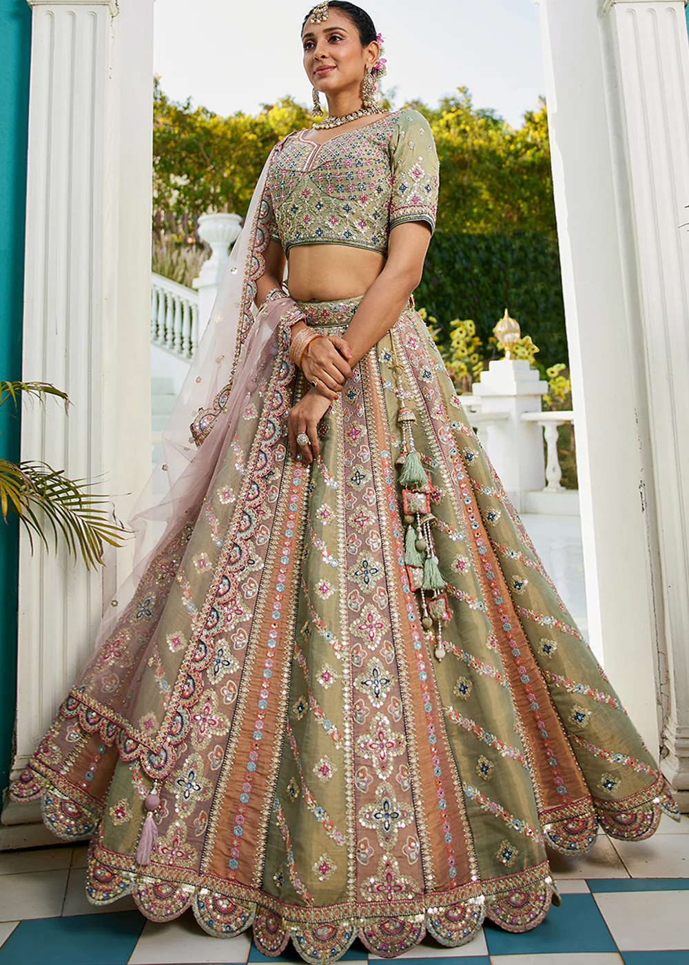 Multicolor Green Gotapatti Embroidered Bridal Lehenga Choli - Image 4