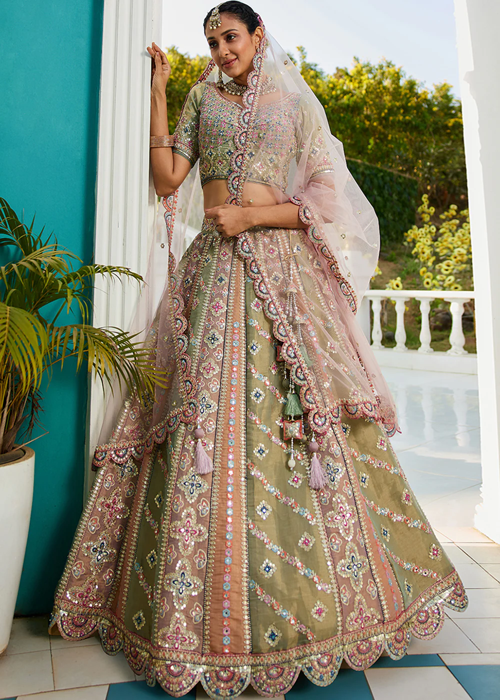 Multicolor Green Gotapatti Embroidered Bridal Lehenga Choli - Image 6