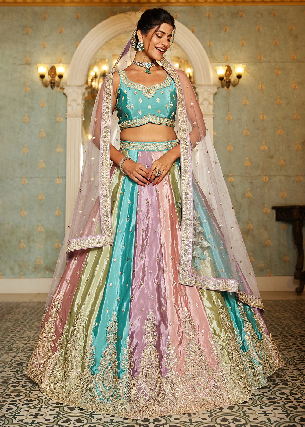 Multicolor Lavender Satin Silk Embroidered Wedding Lehenga Choli