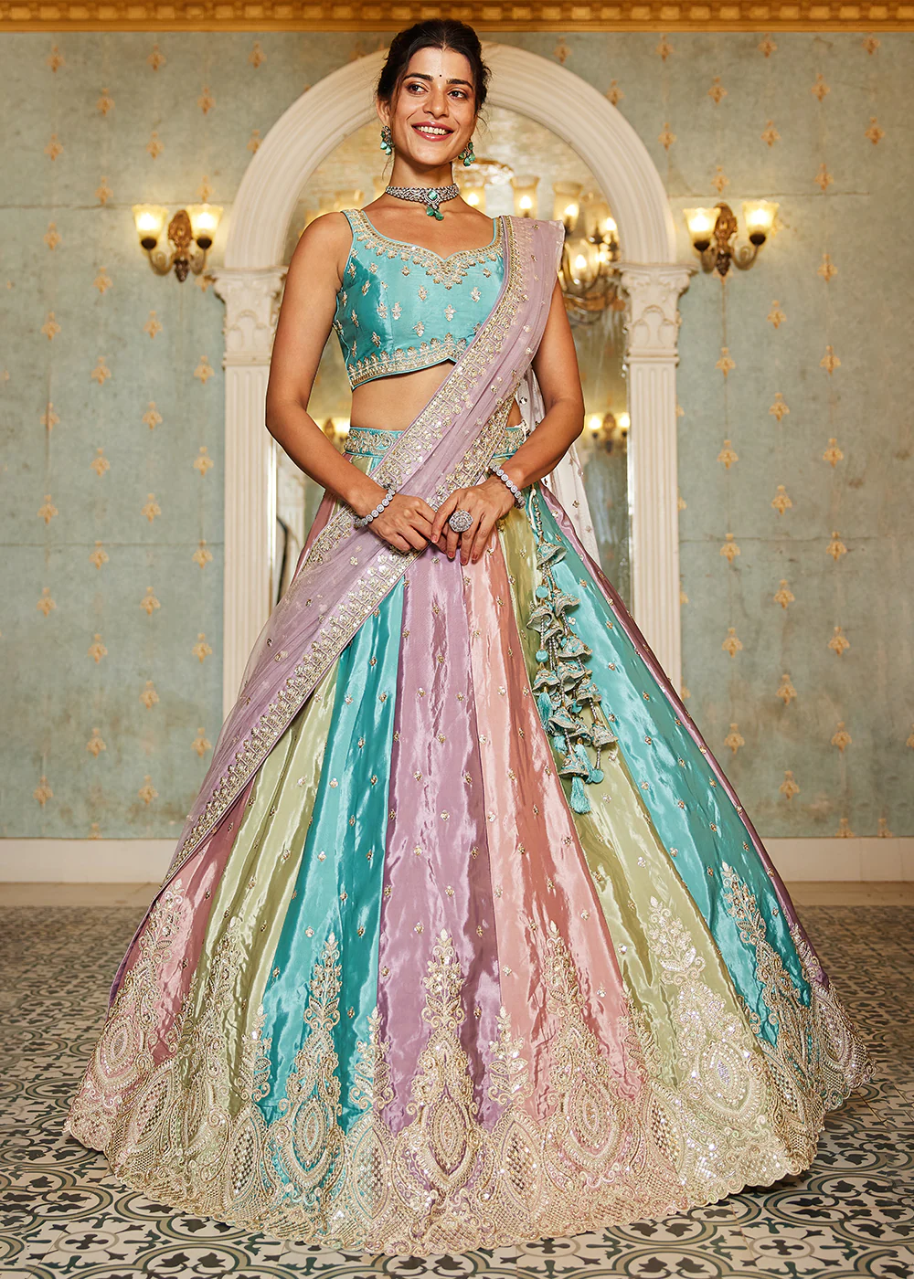 Multicolor Lavender Satin Silk Embroidered Wedding Lehenga Choli - Image 6