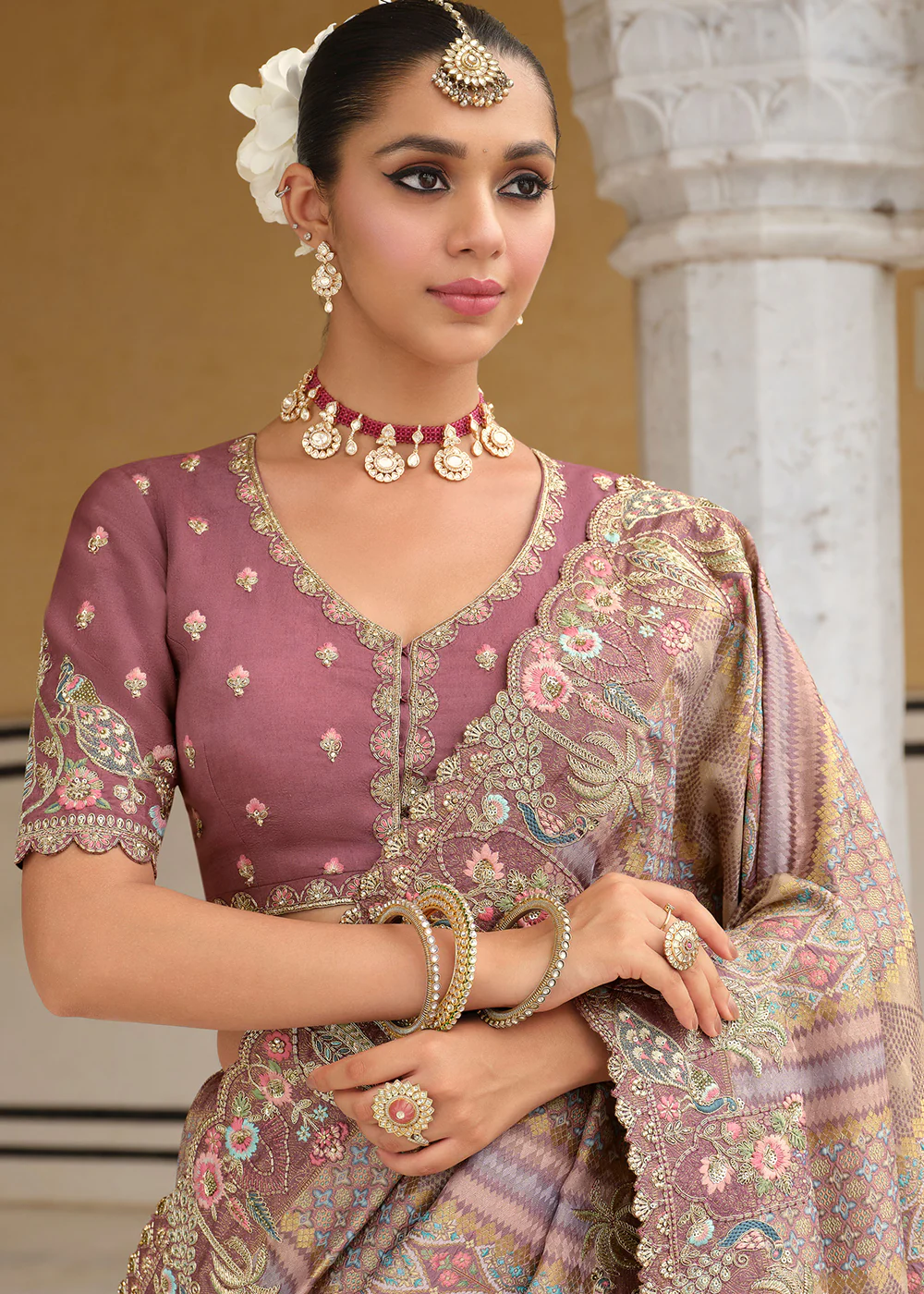 Multicolor Mauve Silk Khatli Embroidered Saree - Image 2