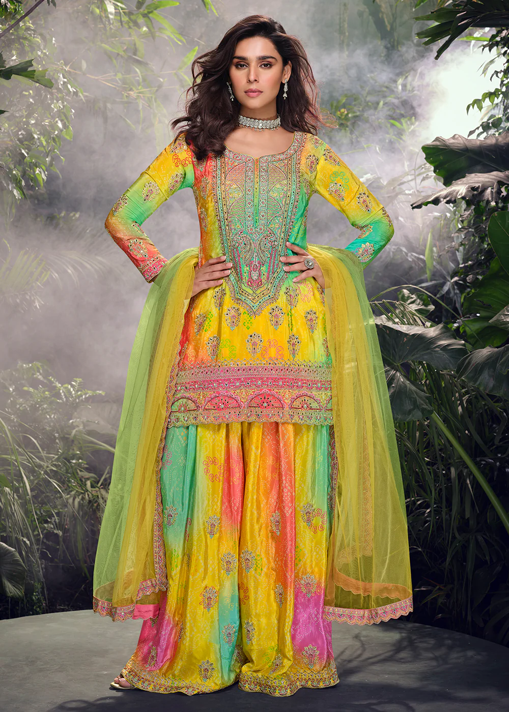 Multicolor Mirror & Hand Worked Wedding Sharara Suit