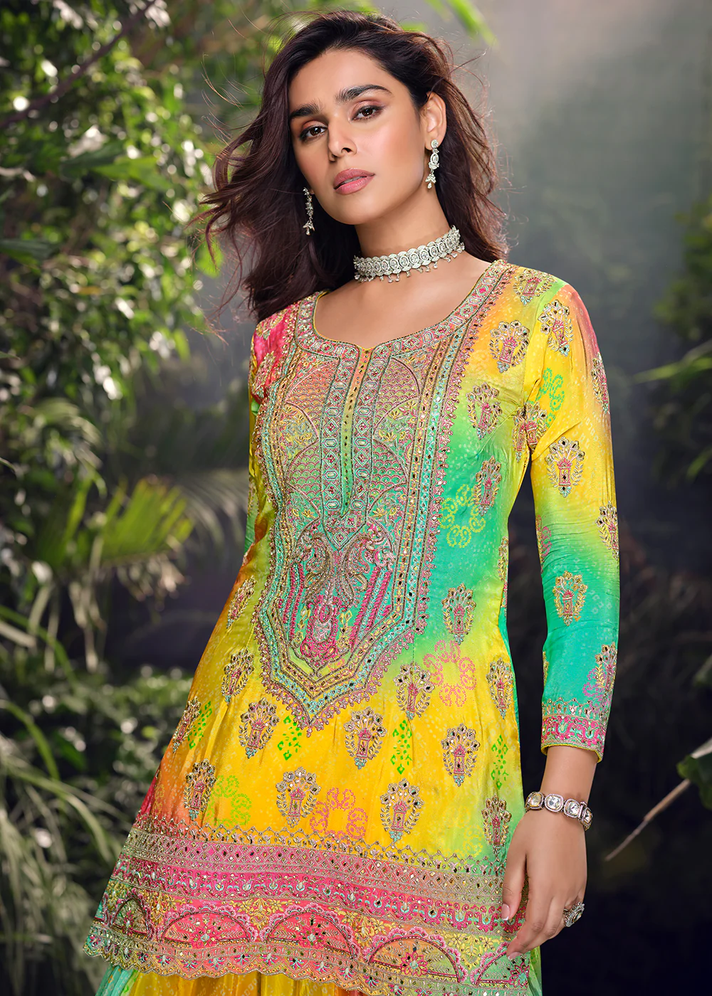 Multicolor Mirror & Hand Worked Wedding Sharara Suit - Image 2