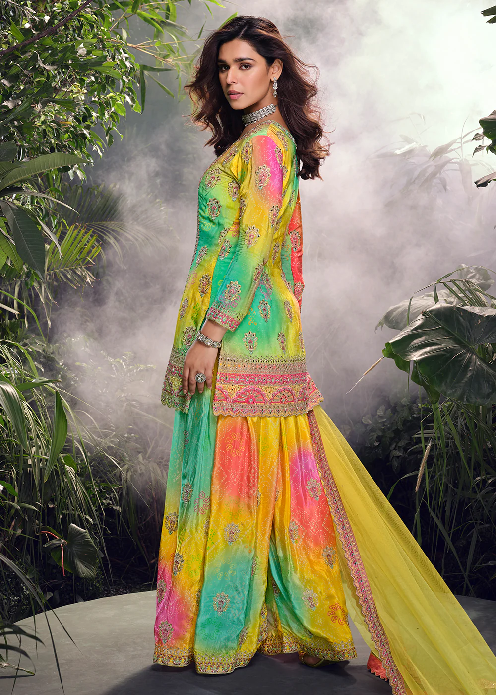 Multicolor Mirror & Hand Worked Wedding Sharara Suit - Image 3