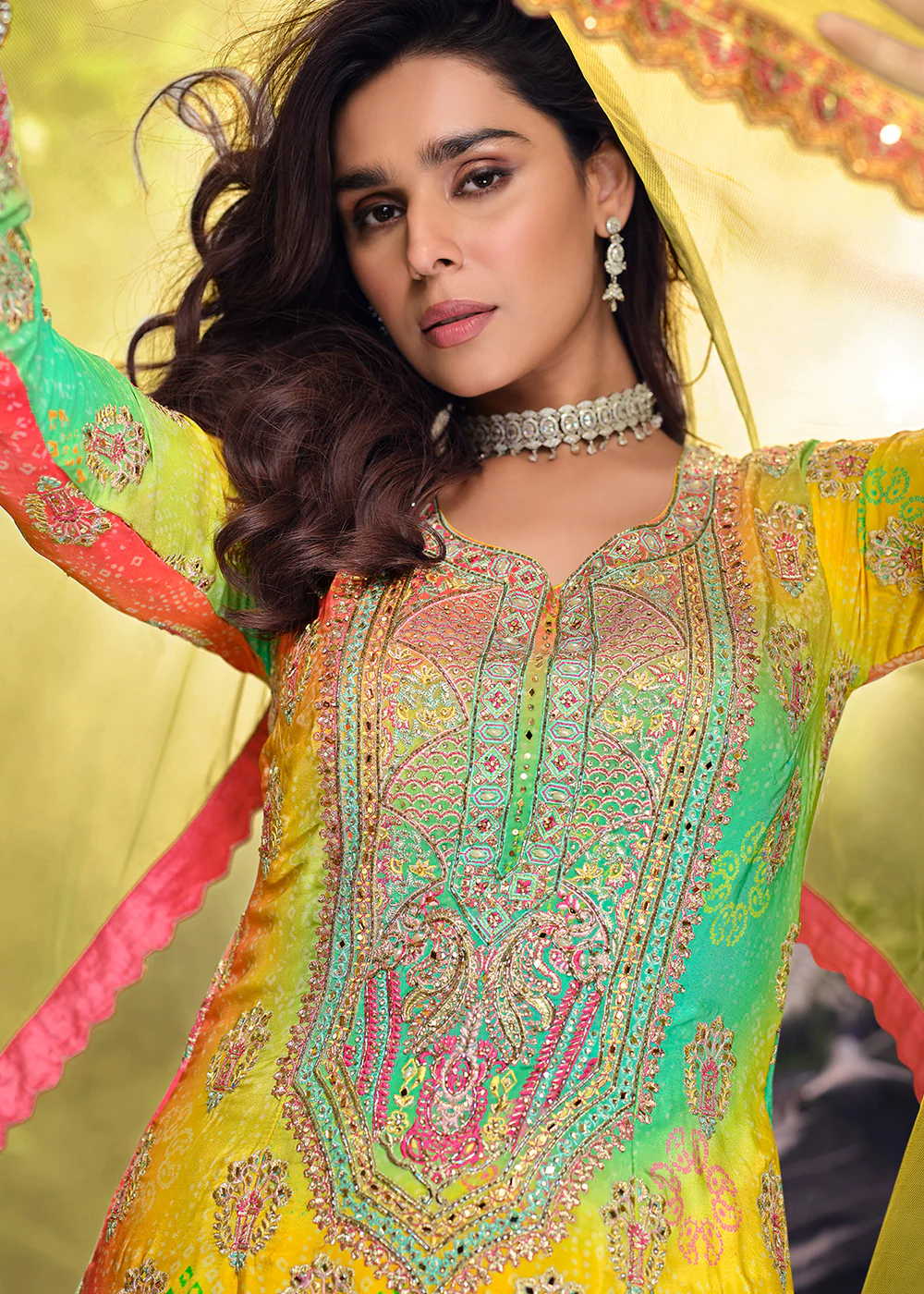 Multicolor Mirror & Hand Worked Wedding Sharara Suit - Image 4