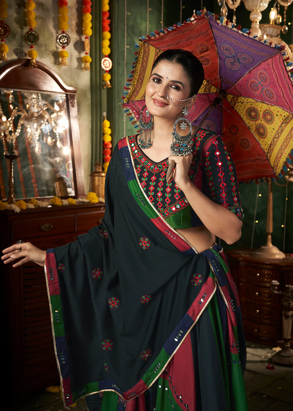 Multicolor Mirror Work & Printed Chaniya Choli for Navratri - Image 2