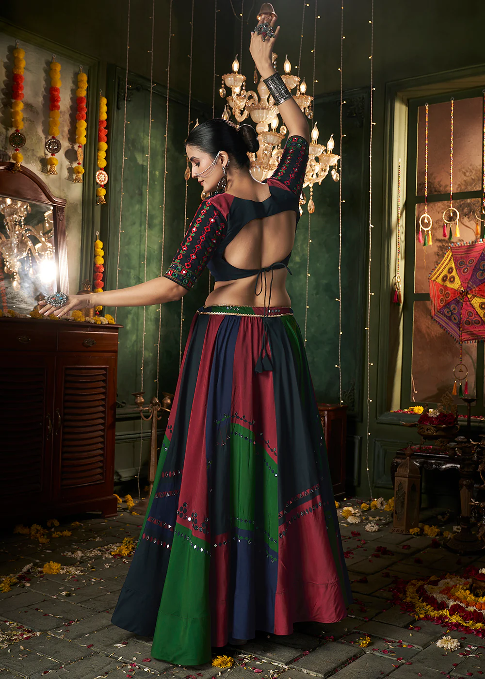 Multicolor Mirror Work & Printed Chaniya Choli for Navratri - Image 3