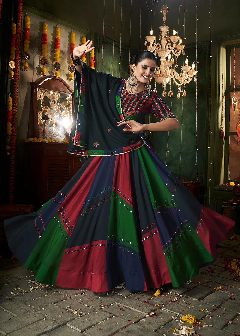 Multicolor Mirror Work & Printed Chaniya Choli for Navratri - Image 4
