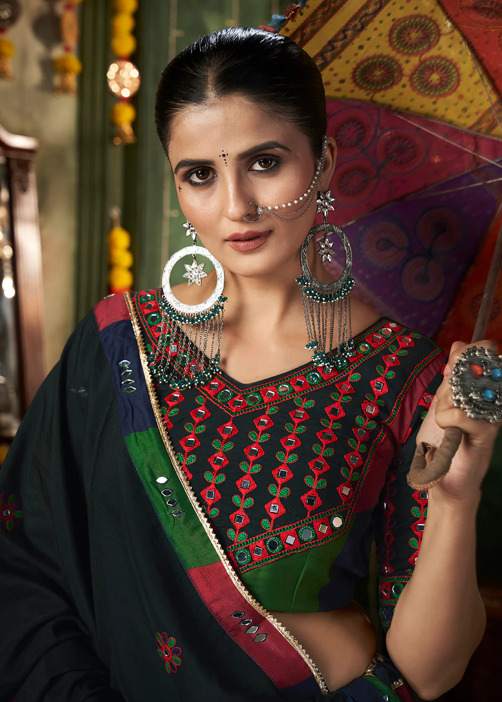 Multicolor Mirror Work & Printed Chaniya Choli for Navratri - Image 6