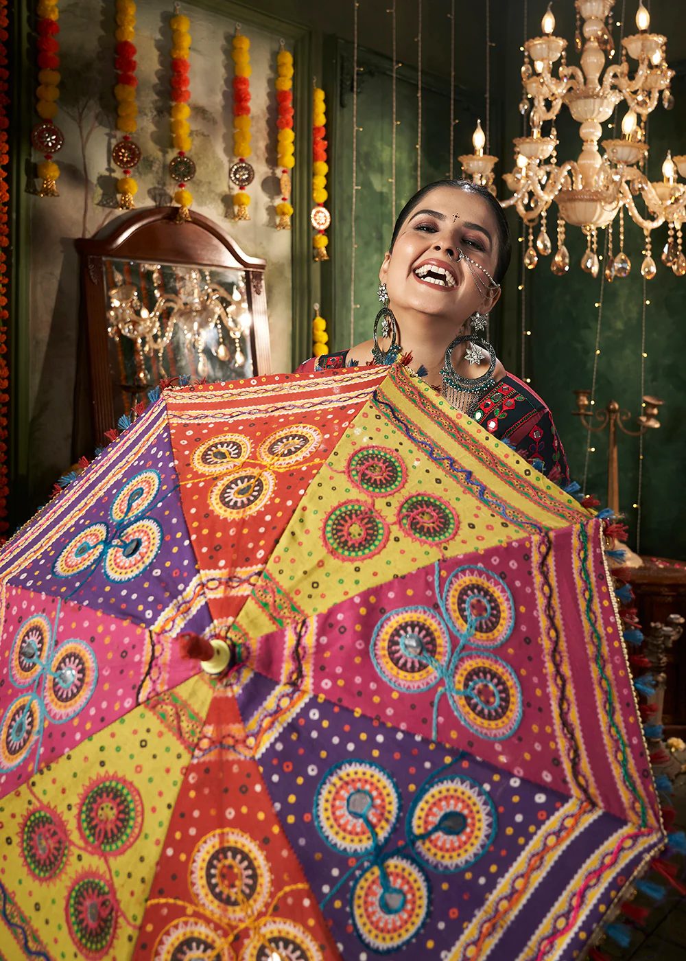 Multicolor Mirror Work & Printed Chaniya Choli for Navratri - Image 7