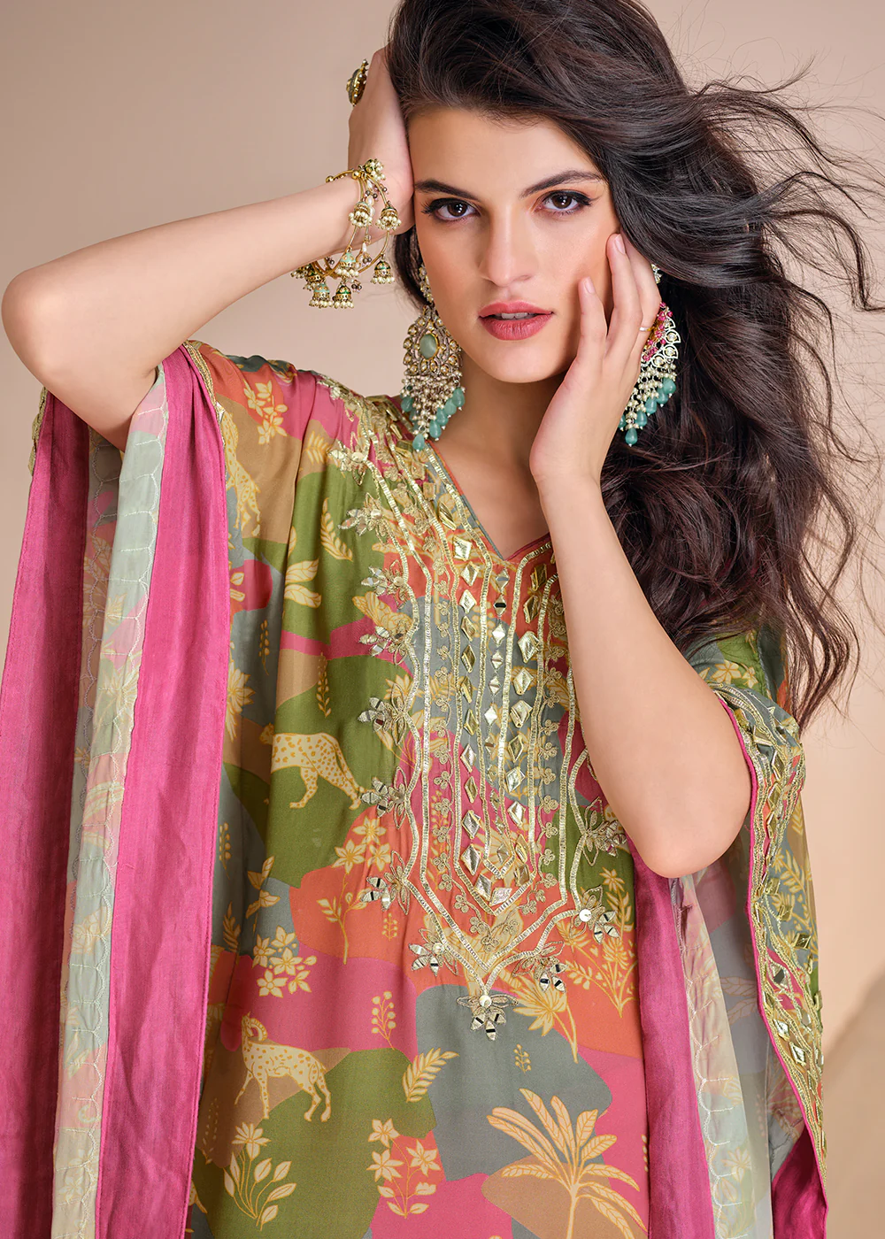 Multicolor Dhoti Style Hand Embellished Kaftan Style Dress - Image 2