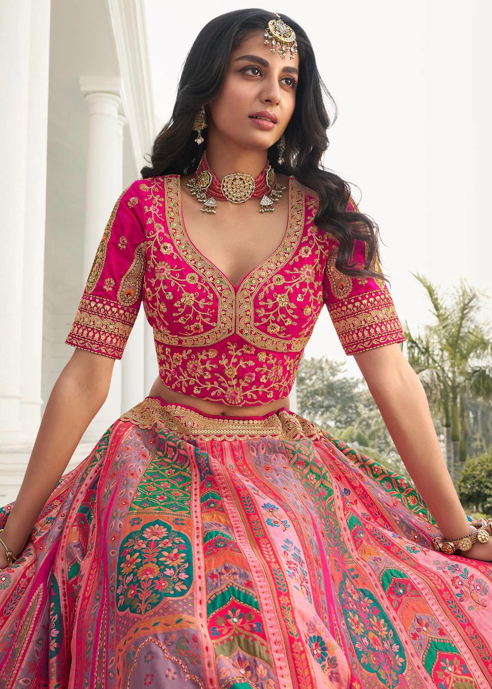 Multicolor Peach Heavy Embroidered Silk Bridal Lehenga Choli - Image 2