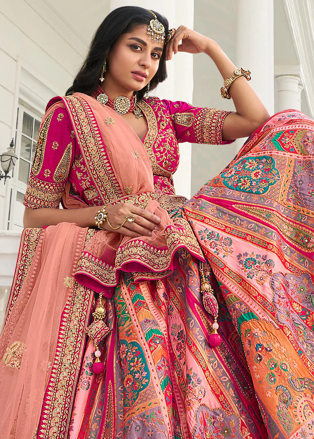 Multicolor Peach Heavy Embroidered Silk Bridal Lehenga Choli - Image 3