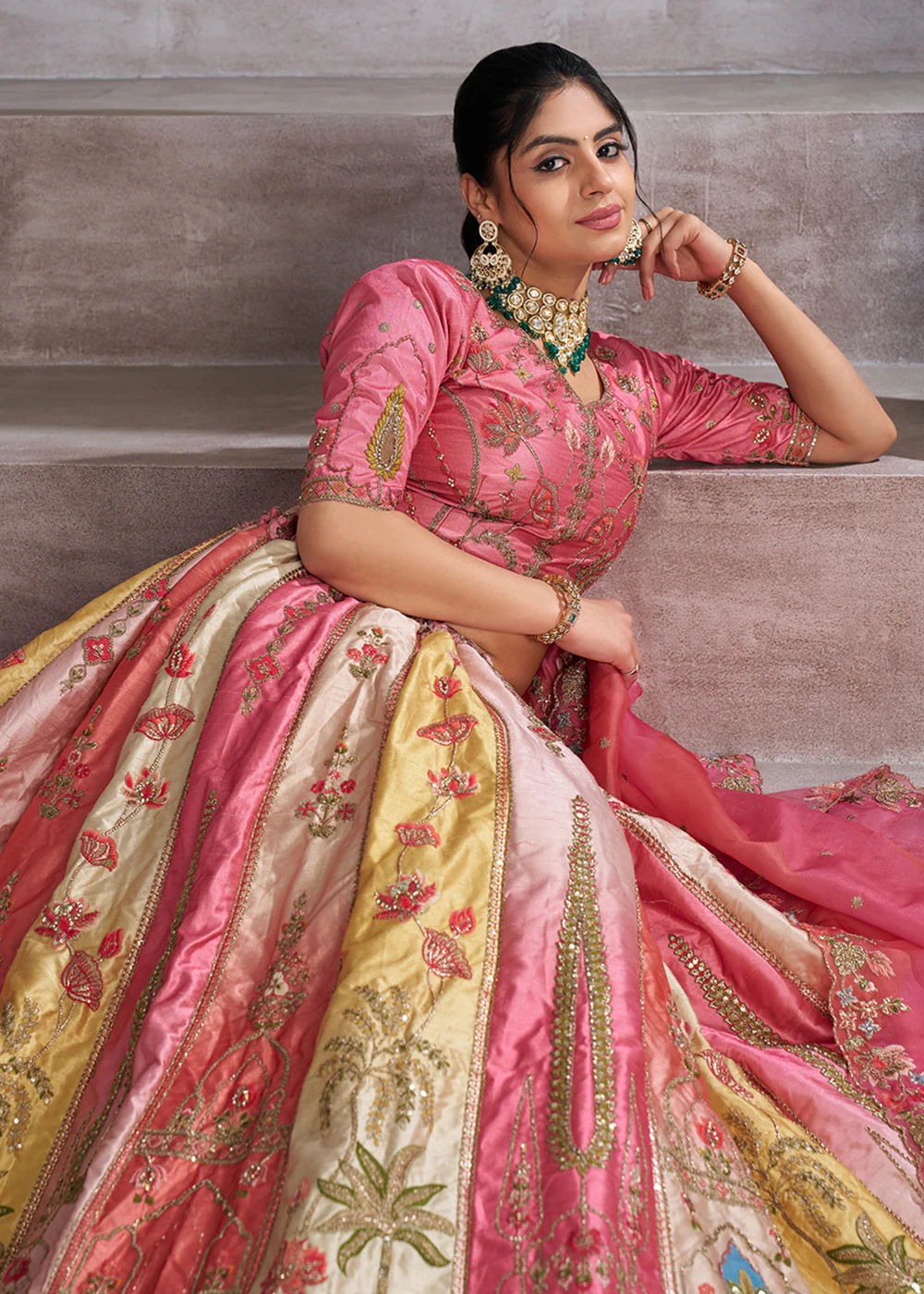 Multicolor Pink Banarasi Silk Traditional Wedding Lehenga Choli - Image 2