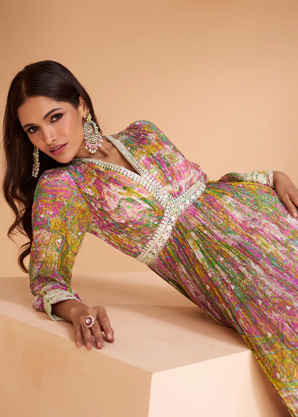 Multicolor Pink Floral Printed Wedding Festive Anarkali Gown - Image 4
