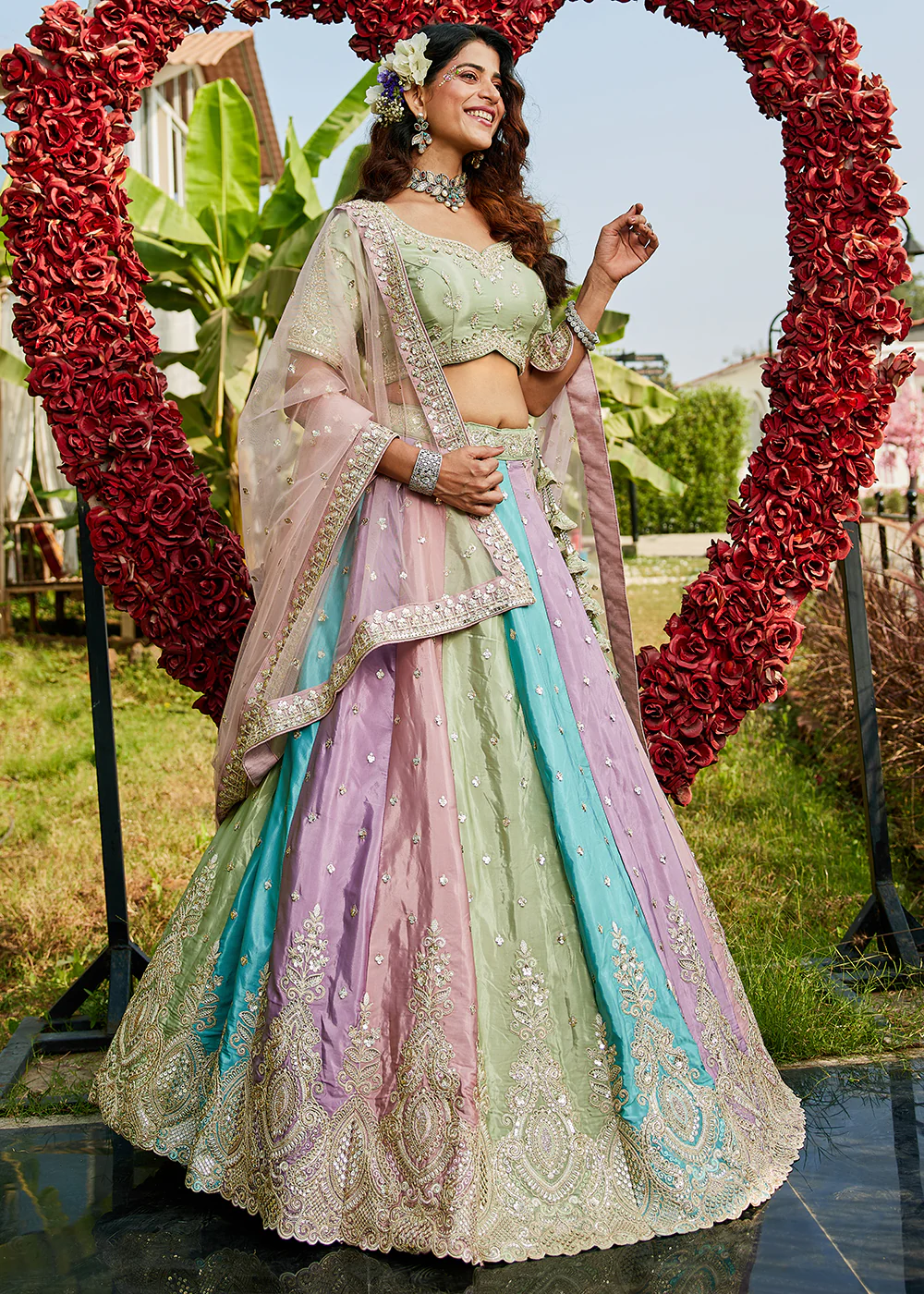 Multicolor Pink Satin Silk Embroidered Wedding Lehenga Choli
