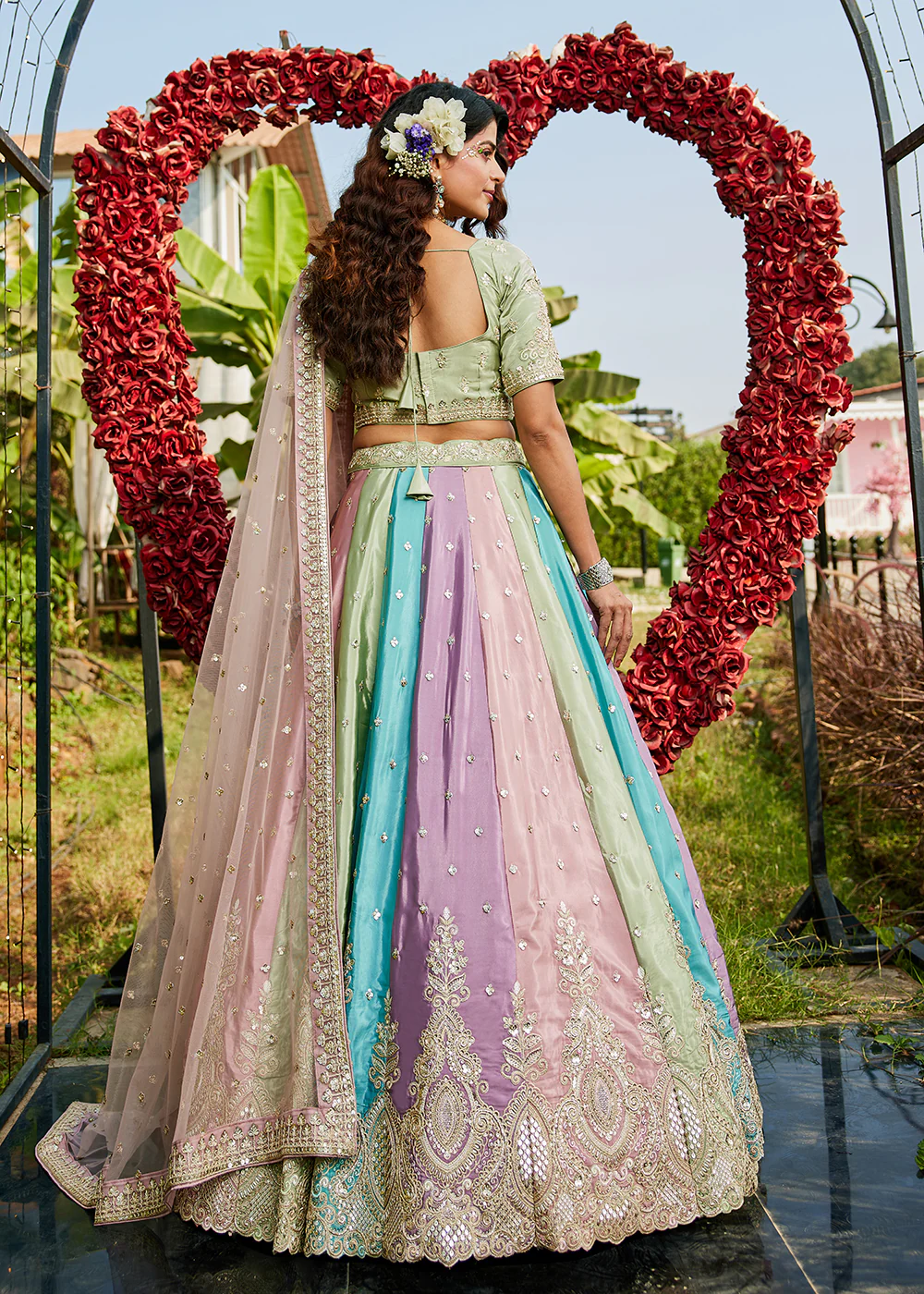 Multicolor Pink Satin Silk Embroidered Wedding Lehenga Choli - Image 3