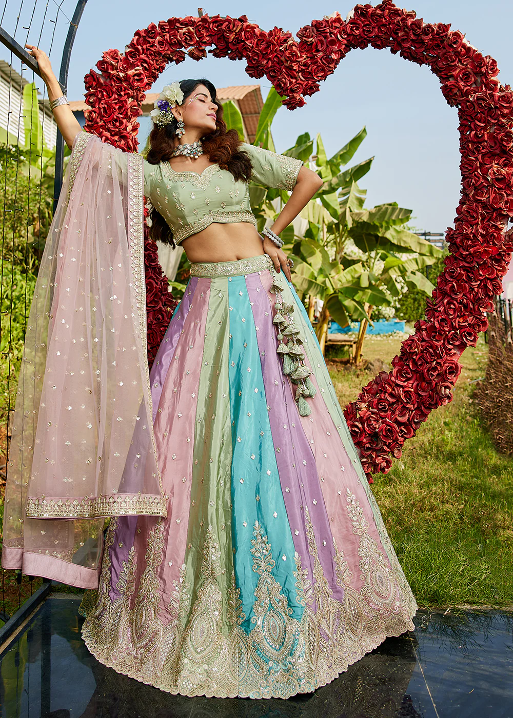 Multicolor Pink Satin Silk Embroidered Wedding Lehenga Choli - Image 4