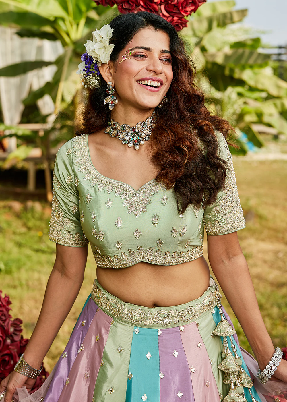Multicolor Pink Satin Silk Embroidered Wedding Lehenga Choli - Image 5