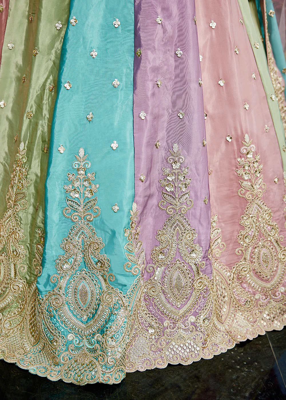 Multicolor Pink Satin Silk Embroidered Wedding Lehenga Choli - Image 6
