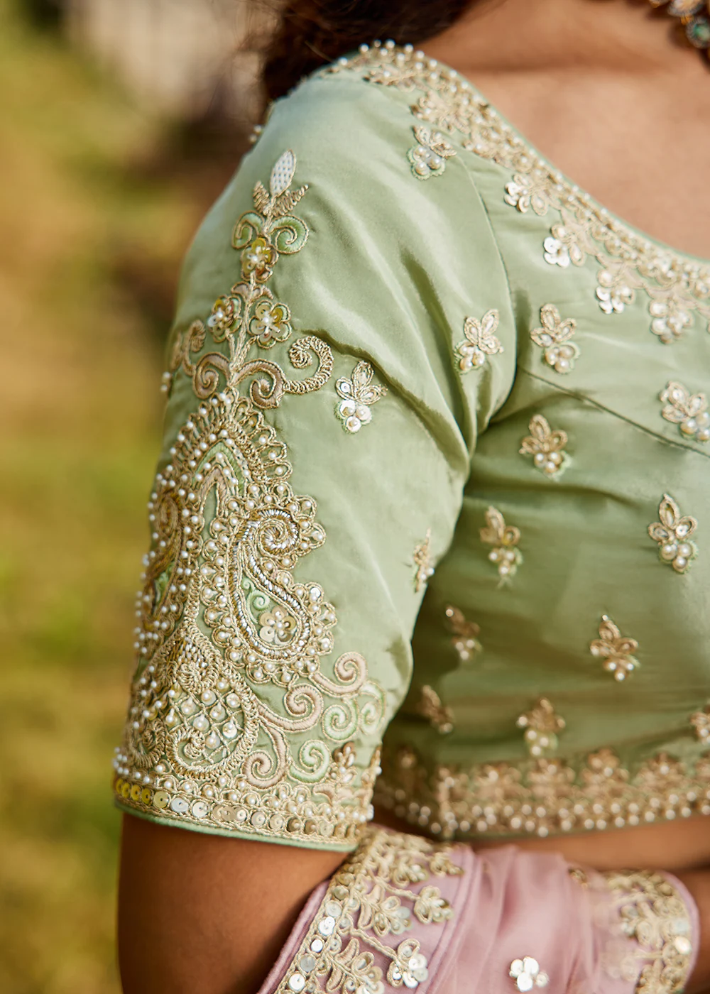 Multicolor Pink Satin Silk Embroidered Wedding Lehenga Choli - Image 7