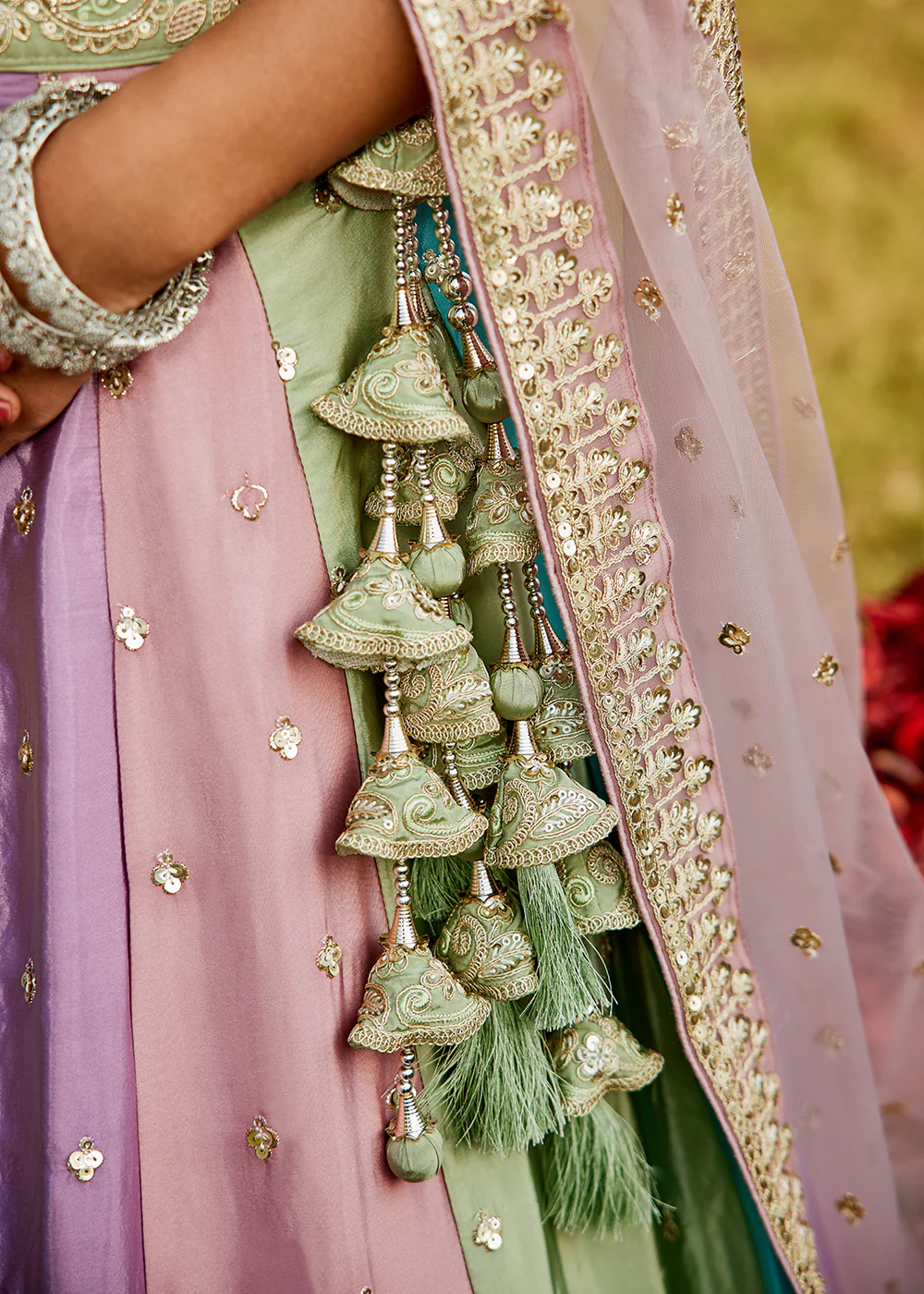 Multicolor Pink Satin Silk Embroidered Wedding Lehenga Choli - Image 8