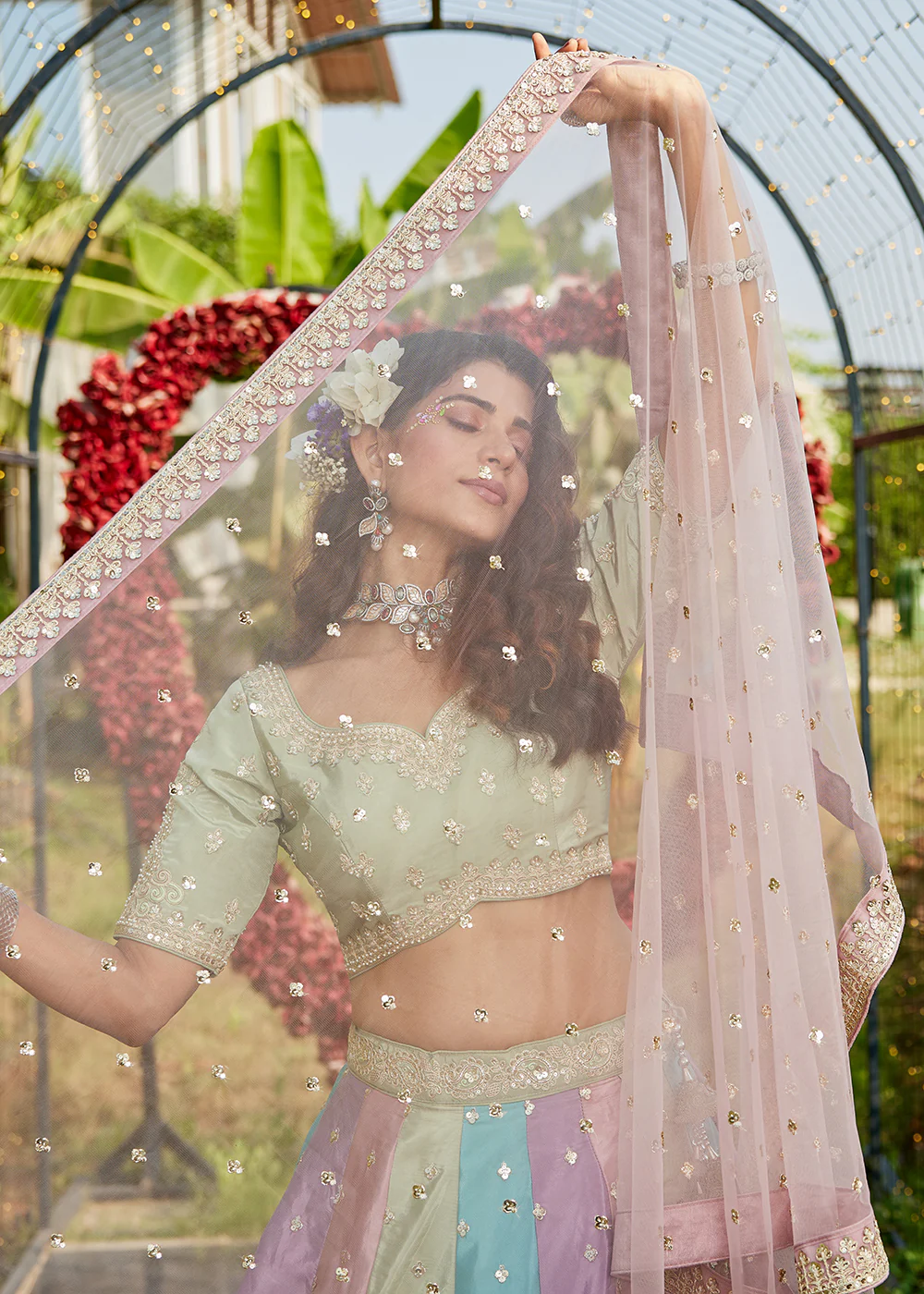 Multicolor Pink Satin Silk Embroidered Wedding Lehenga Choli - Image 9