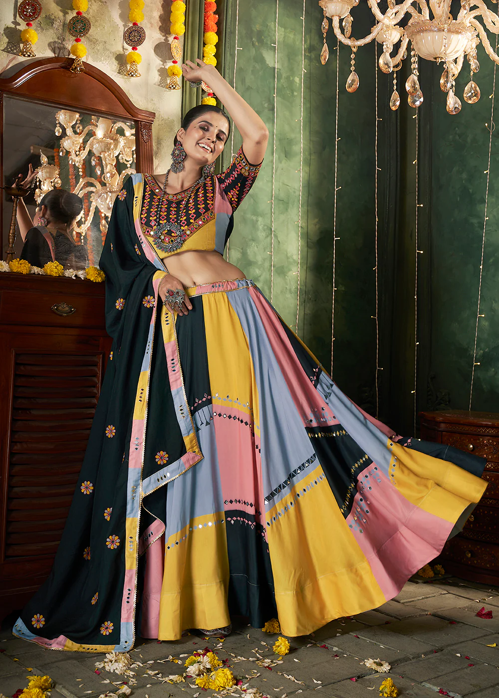 Multicolor Printed & Mirror Work Chaniya Choli for Navratri
