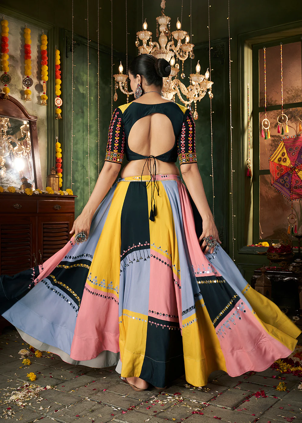 Multicolor Printed & Mirror Work Chaniya Choli for Navratri - Image 3
