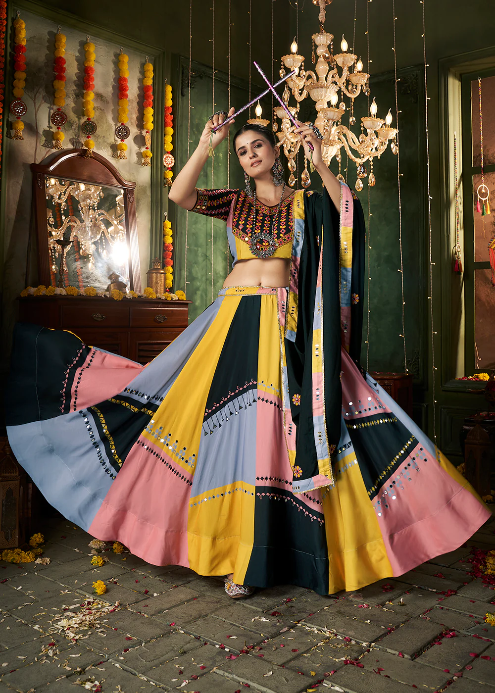 Multicolor Printed & Mirror Work Chaniya Choli for Navratri - Image 4